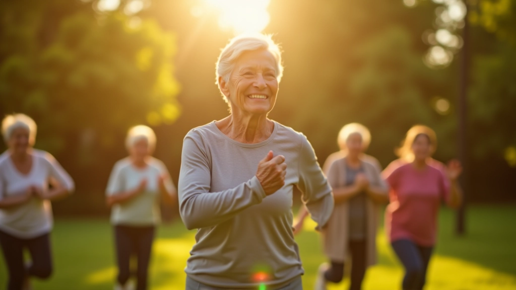 Seniors participating in outdoor wellness exercise class with instructor