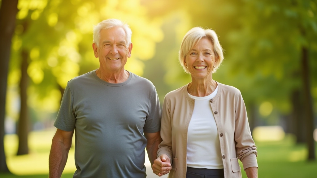 Group of confident adults walking together outdoors in park setting showing improved mobility
