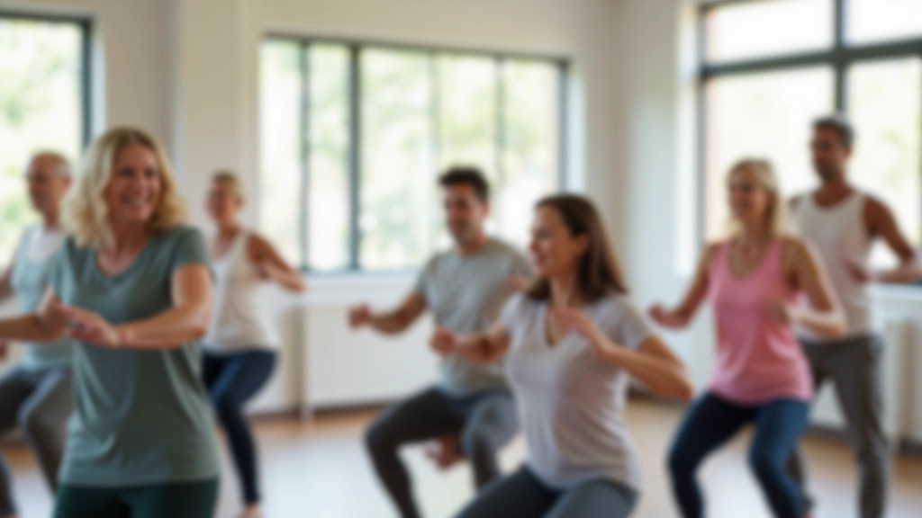 Mixed group of adults participating in guided wellness class indoors