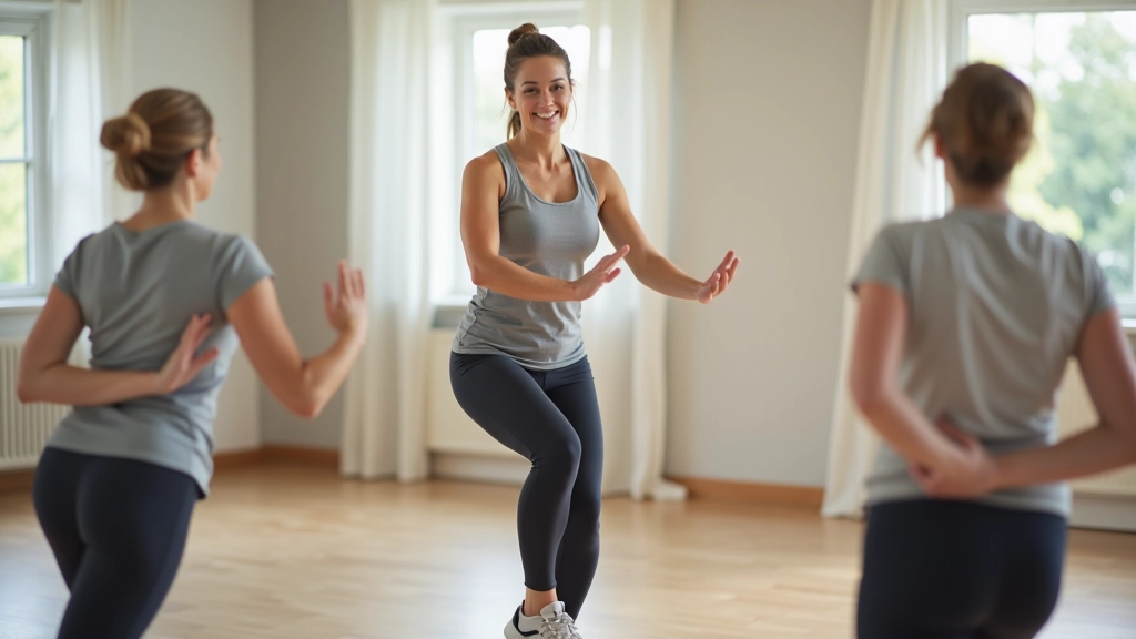 Instructor leading a balance and stability class with mature adults in a wellness studio