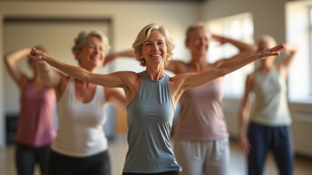 Group of mature adults smiling and stretching together in a supportive fitness community setting