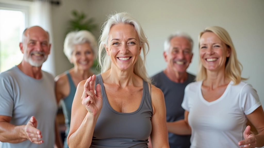Mature adults celebrating and giving high-fives after completing a group fitness class together