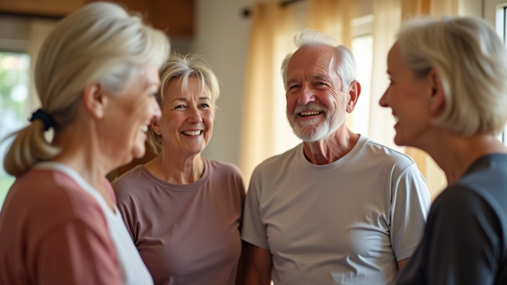 Group of mature adults smiling and conversing in a bright community center