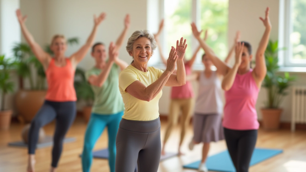 Group of healthy adults in beginner-friendly exercise class learning proper technique