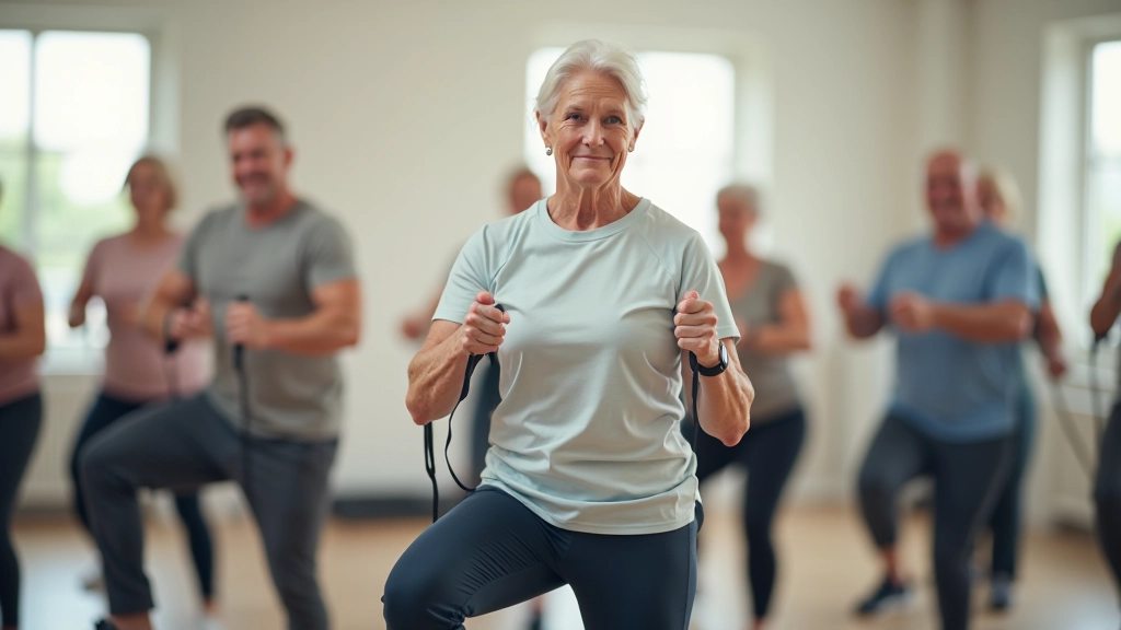 Small group of adults performing resistance band exercises for leg strength in wellness class