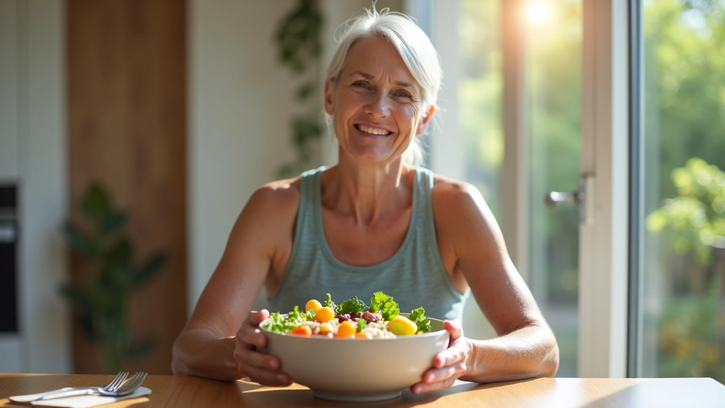 Older woman in workout clothes eating protein-rich bowl with grains and vegetables after morning exercise session